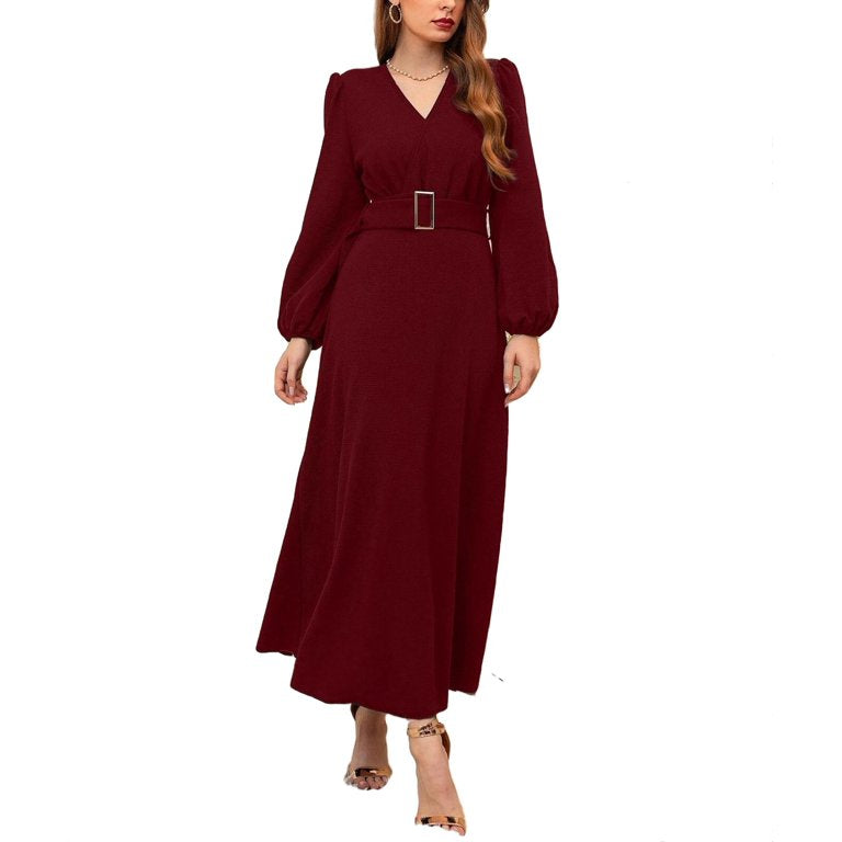 Puff Sleeve V Neck Maxi Dress Without Belt XD21