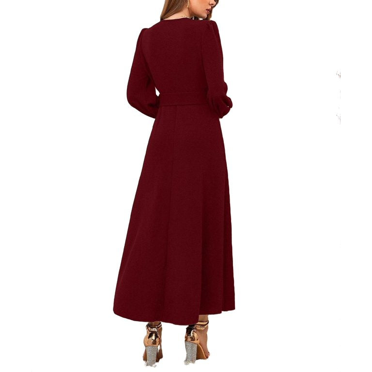 Puff Sleeve V Neck Maxi Dress Without Belt XD21