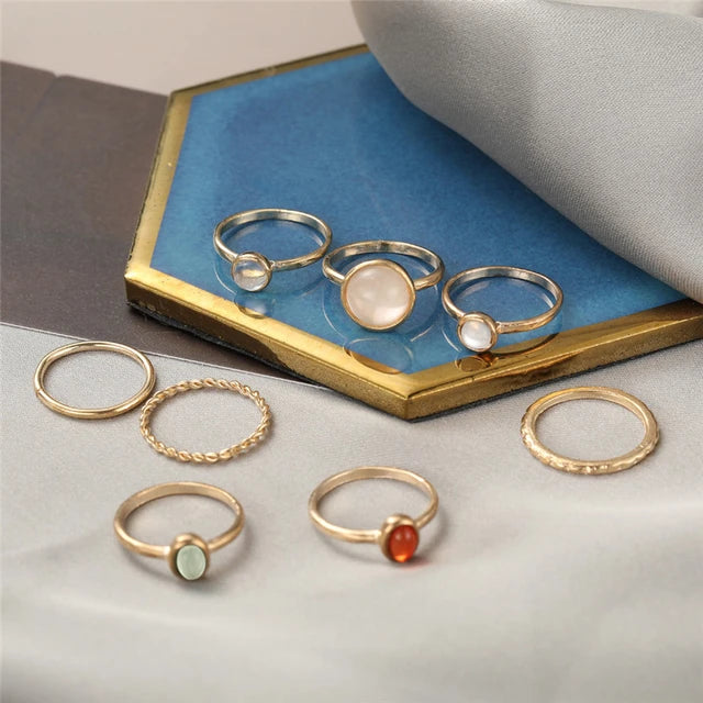 Retro Vintage Gem Ring 8pc Set XD21