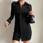 Rib Long Sleeve Ruched Shirt Dress XD21