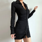 Rib Long Sleeve Ruched Shirt Dress XD21
