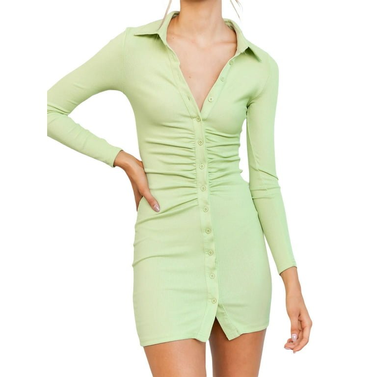 Rib Long Sleeve Ruched Shirt Dress XD21