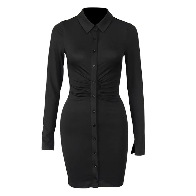 Rib Long Sleeve Ruched Shirt Dress XD21