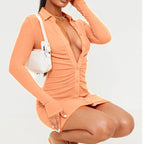 Rib Long Sleeve Ruched Shirt Dress XD21