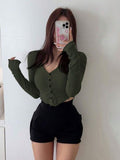 Ribbed Button V Neck Crop T-Shirt XD21