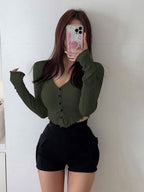 Ribbed Button V Neck Crop T-Shirt XD21