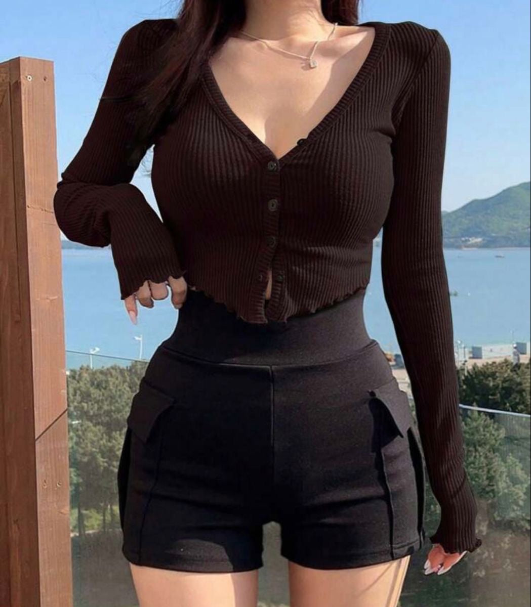 Ribbed Button V Neck Crop T-Shirt XD21