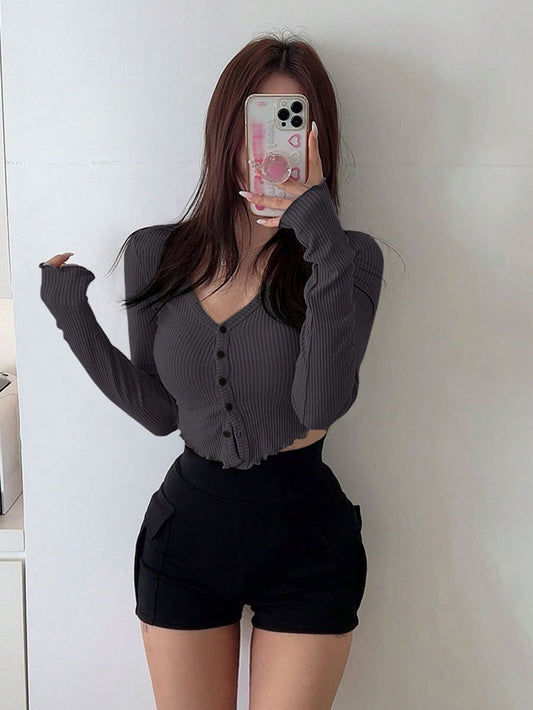 Ribbed Button V Neck Crop T-Shirt XD21