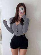 Ribbed Button V Neck Crop T-Shirt XD21