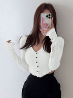 Ribbed Button V Neck Crop T-Shirt XD21