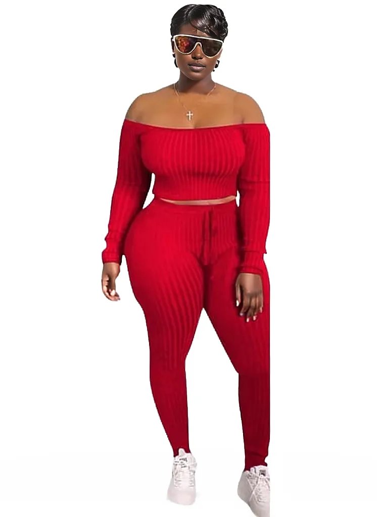 Ribbed Knitted Off Shoulder Crop Top and Leggings Set XD21