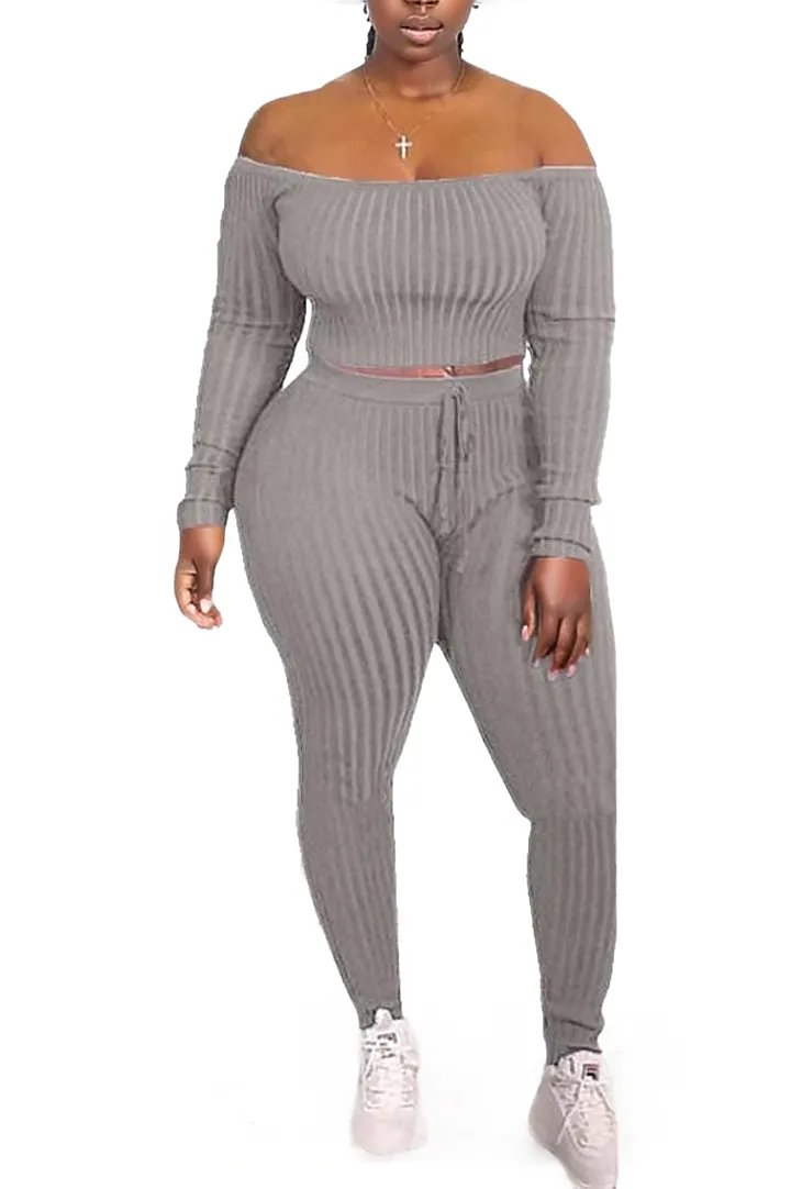 Ribbed Knitted Off Shoulder Crop Top and Leggings Set XD21