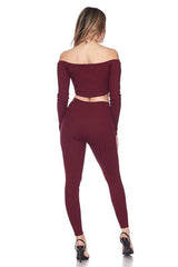 Ribbed Knitted Off Shoulder Crop Top and Leggings Set XD21