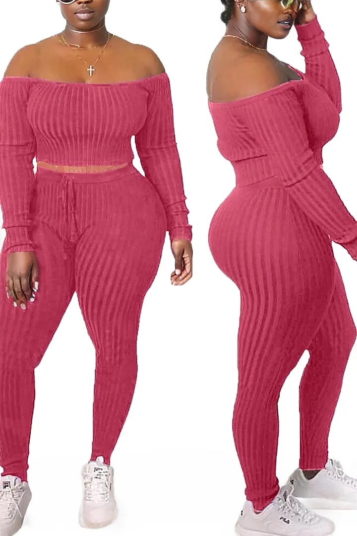 Ribbed Knitted Off Shoulder Crop Top and Leggings Set XD21