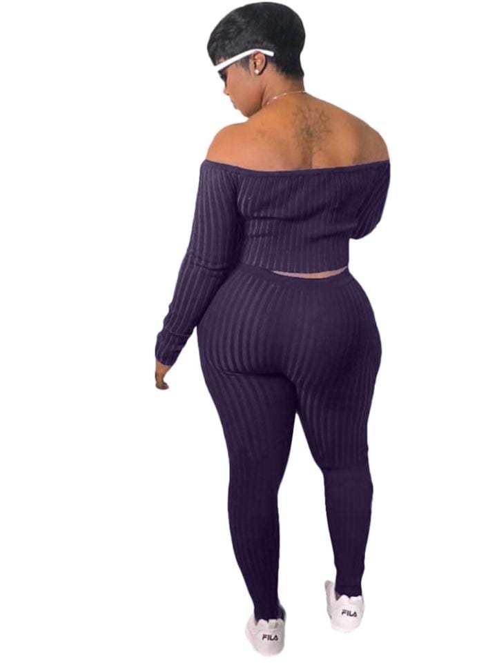 Ribbed Knitted Off Shoulder Crop Top and Leggings Set XD21