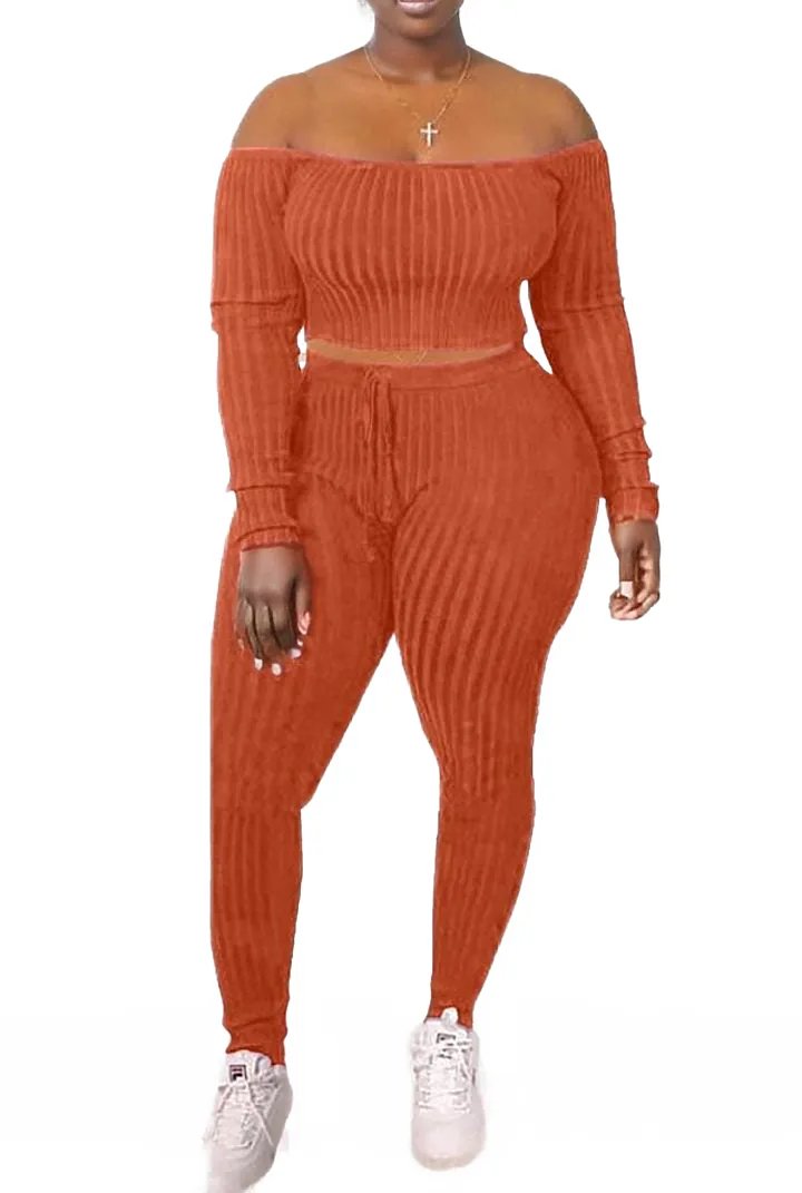 Ribbed Knitted Off Shoulder Crop Top and Leggings Set XD21