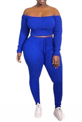 Ribbed Knitted Off Shoulder Crop Top and Leggings Set XD21