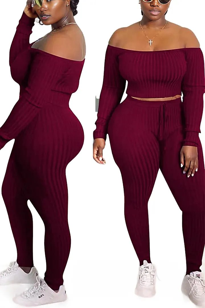 Ribbed Knitted Off Shoulder Crop Top and Leggings Set XD21