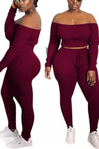 Ribbed Knitted Off Shoulder Crop Top and Leggings Set XD21
