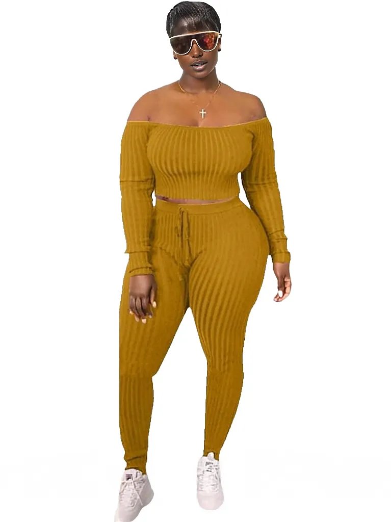 Ribbed Knitted Off Shoulder Crop Top and Leggings Set XD21