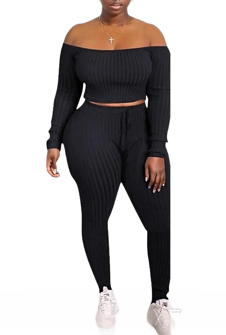 Ribbed Knitted Off Shoulder Crop Top and Leggings Set XD21