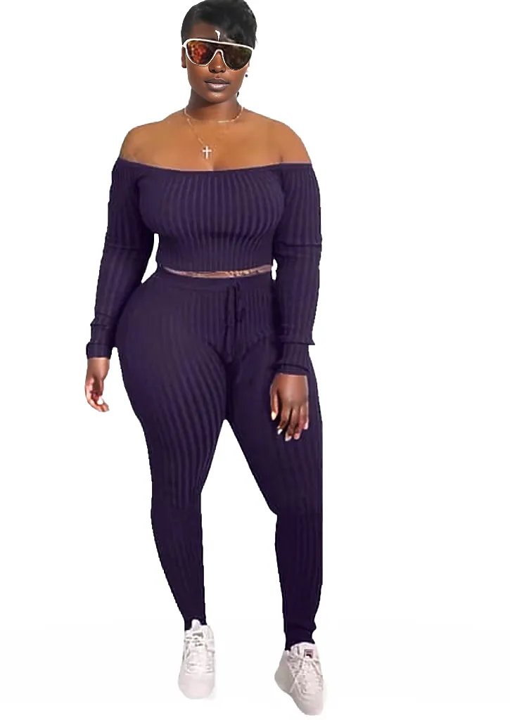 Ribbed Knitted Off Shoulder Crop Top and Leggings Set XD21