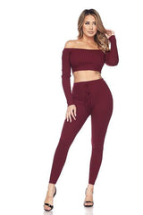 Ribbed Knitted Off Shoulder Crop Top and Leggings Set XD21