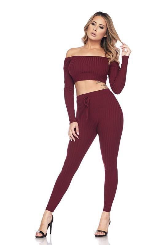 Ribbed Knitted Off Shoulder Crop Top and Leggings Set XD21