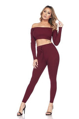 Ribbed Knitted Off Shoulder Crop Top and Leggings Set XD21