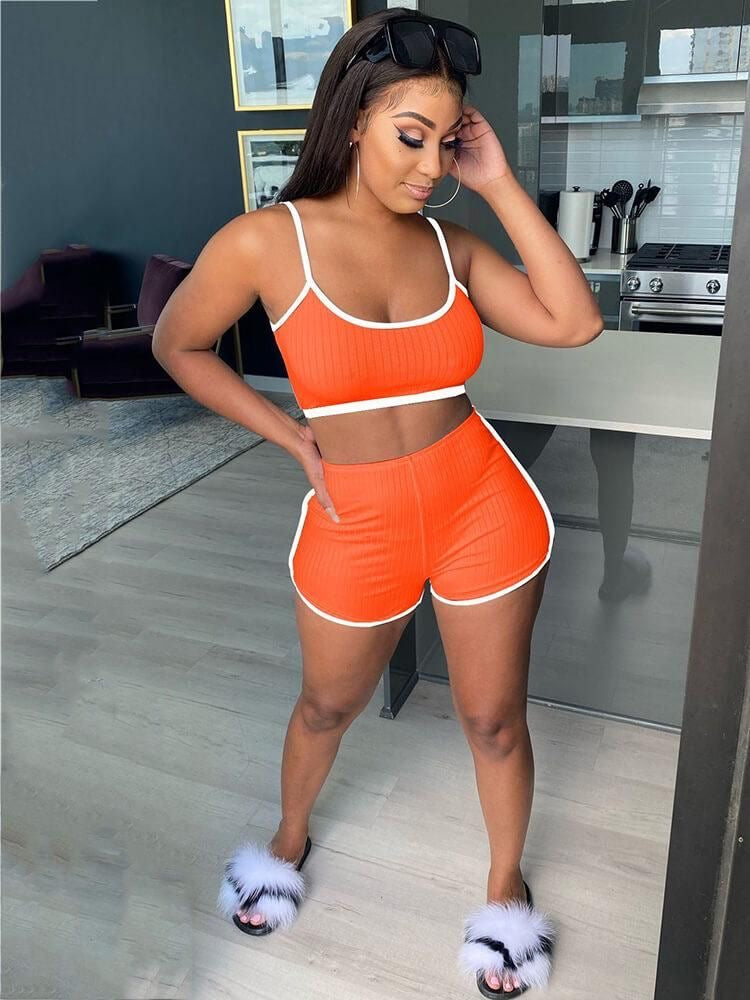 Ribbed Knitted Thin Two Piece Shorts Set XD21