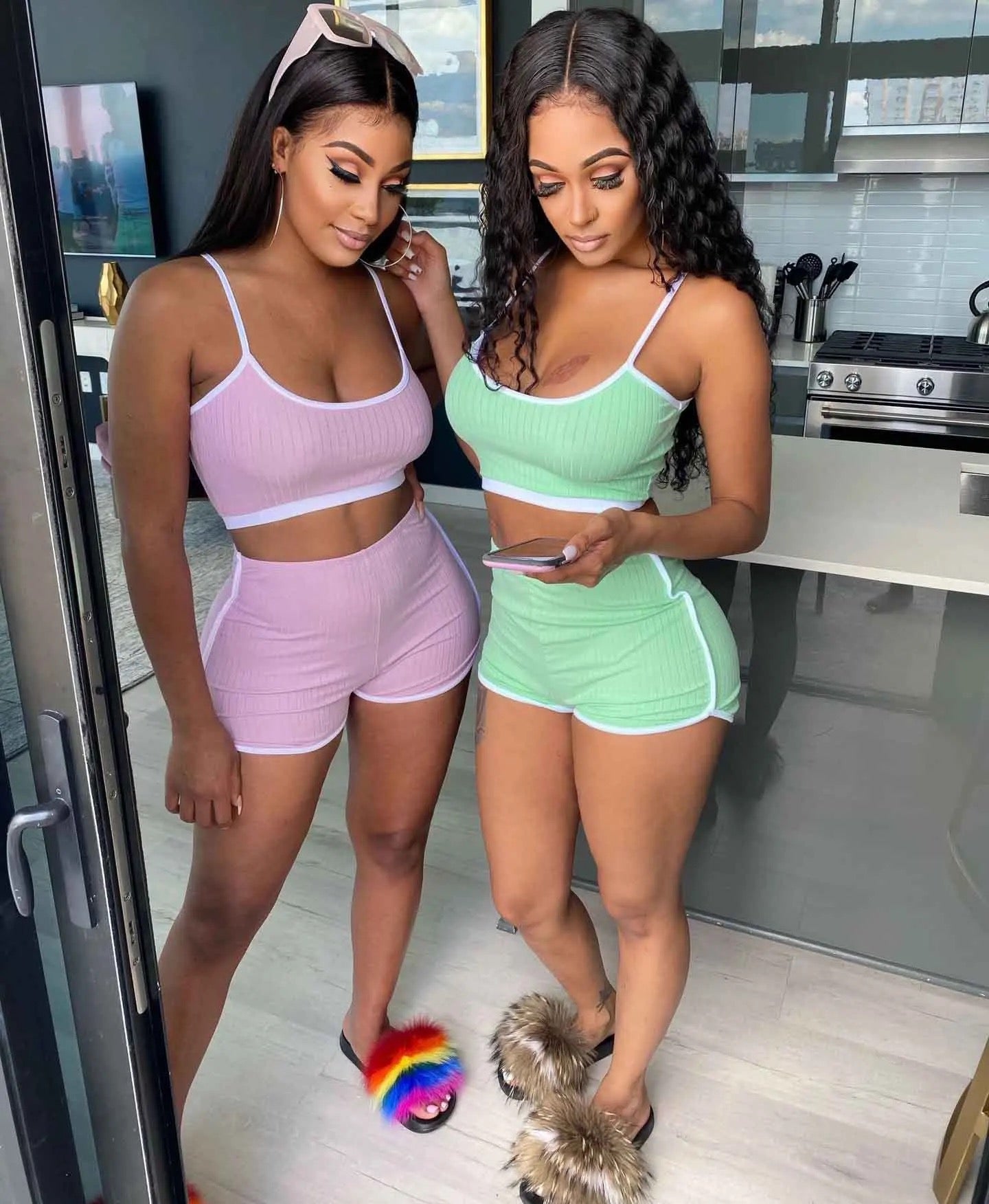Ribbed Knitted Thin Two Piece Shorts Set XD21