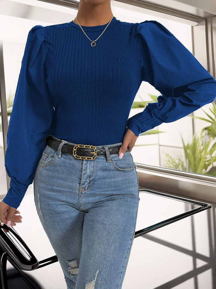 Ribbed knitted top puff sleeve blouse XD21