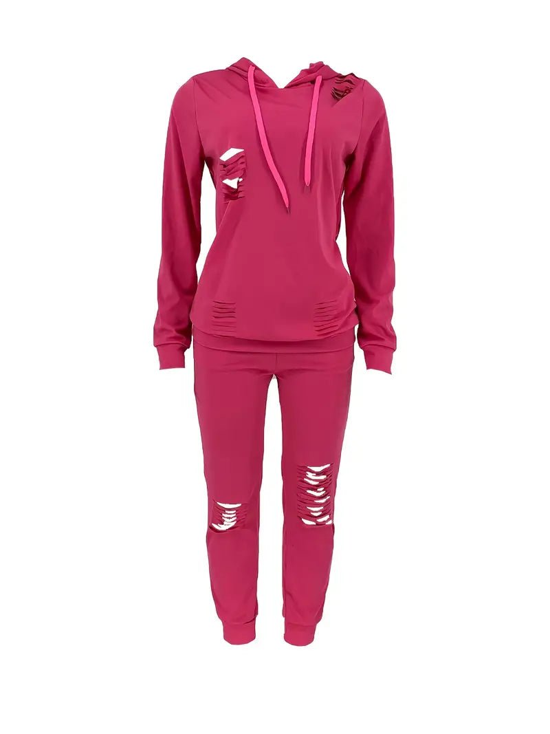 Ripped Solid Long Sleeve Hoodies & Pants Outfit Set XD21