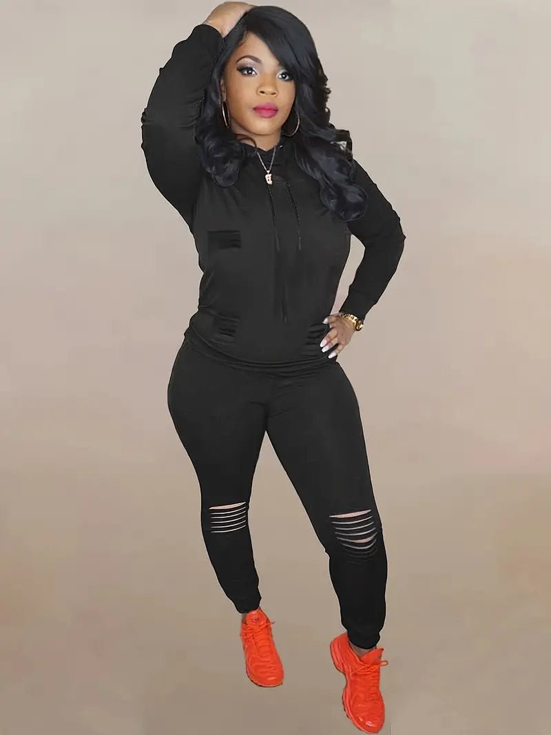 Ripped Solid Long Sleeve Hoodies & Pants Outfit Set XD21