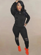 Ripped Solid Long Sleeve Hoodies & Pants Outfit Set XD21