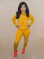 Ripped Solid Long Sleeve Hoodies & Pants Outfit Set XD21