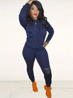 Ripped Solid Long Sleeve Hoodies & Pants Outfit Set XD21