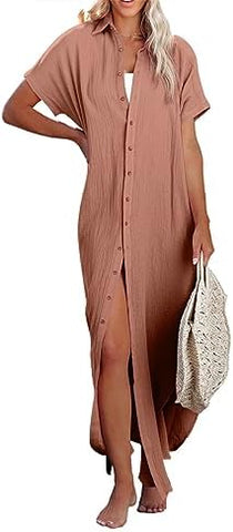 Rolled-Up Short Sleeve Maxi Button Up Shirt Dress XD21