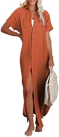 Rolled-Up Short Sleeve Maxi Button Up Shirt Dress XD21