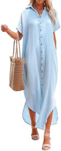 Rolled-Up Short Sleeve Maxi Button Up Shirt Dress XD21