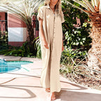Rolled-Up Short Sleeve Maxi Button Up Shirt Dress XD21