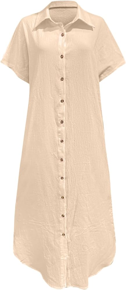 Rolled-Up Short Sleeve Maxi Button Up Shirt Dress XD21
