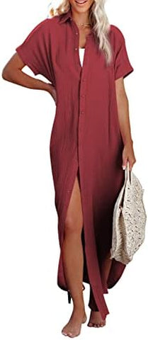 Rolled-Up Short Sleeve Maxi Button Up Shirt Dress XD21