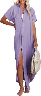 Rolled-Up Short Sleeve Maxi Button Up Shirt Dress XD21