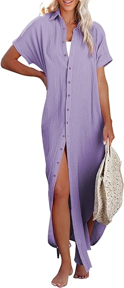 Rolled-Up Short Sleeve Maxi Button Up Shirt Dress XD21