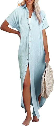 Rolled-Up Short Sleeve Maxi Button Up Shirt Dress XD21