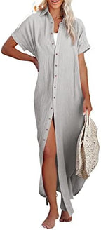 Rolled-Up Short Sleeve Maxi Button Up Shirt Dress XD21