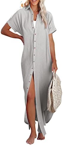 Rolled-Up Short Sleeve Maxi Button Up Shirt Dress XD21