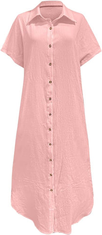 Rolled-Up Short Sleeve Maxi Button Up Shirt Dress XD21