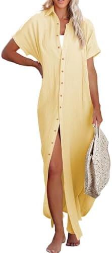 Rolled-Up Short Sleeve Maxi Button Up Shirt Dress XD21